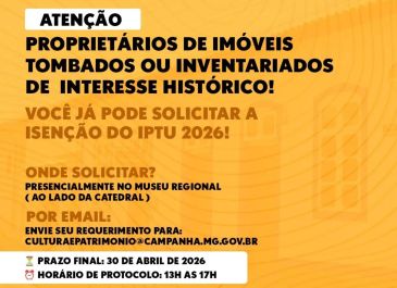 Isenção do IPTU 2026 para imóveis de interesse histórico em Campanha.
